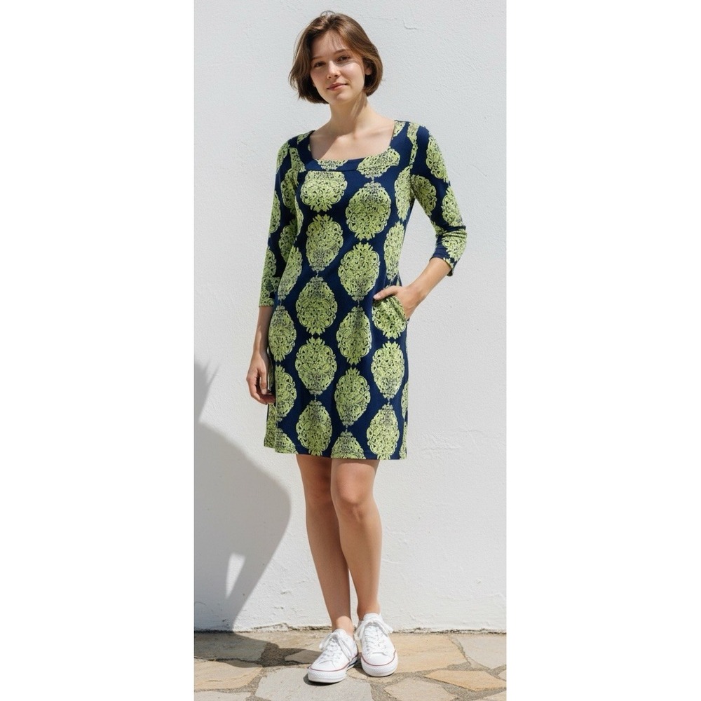 Lilly Pulitzer Dress Womens 8 Navy Lime Green Silk Damask Shift Preppy Resort